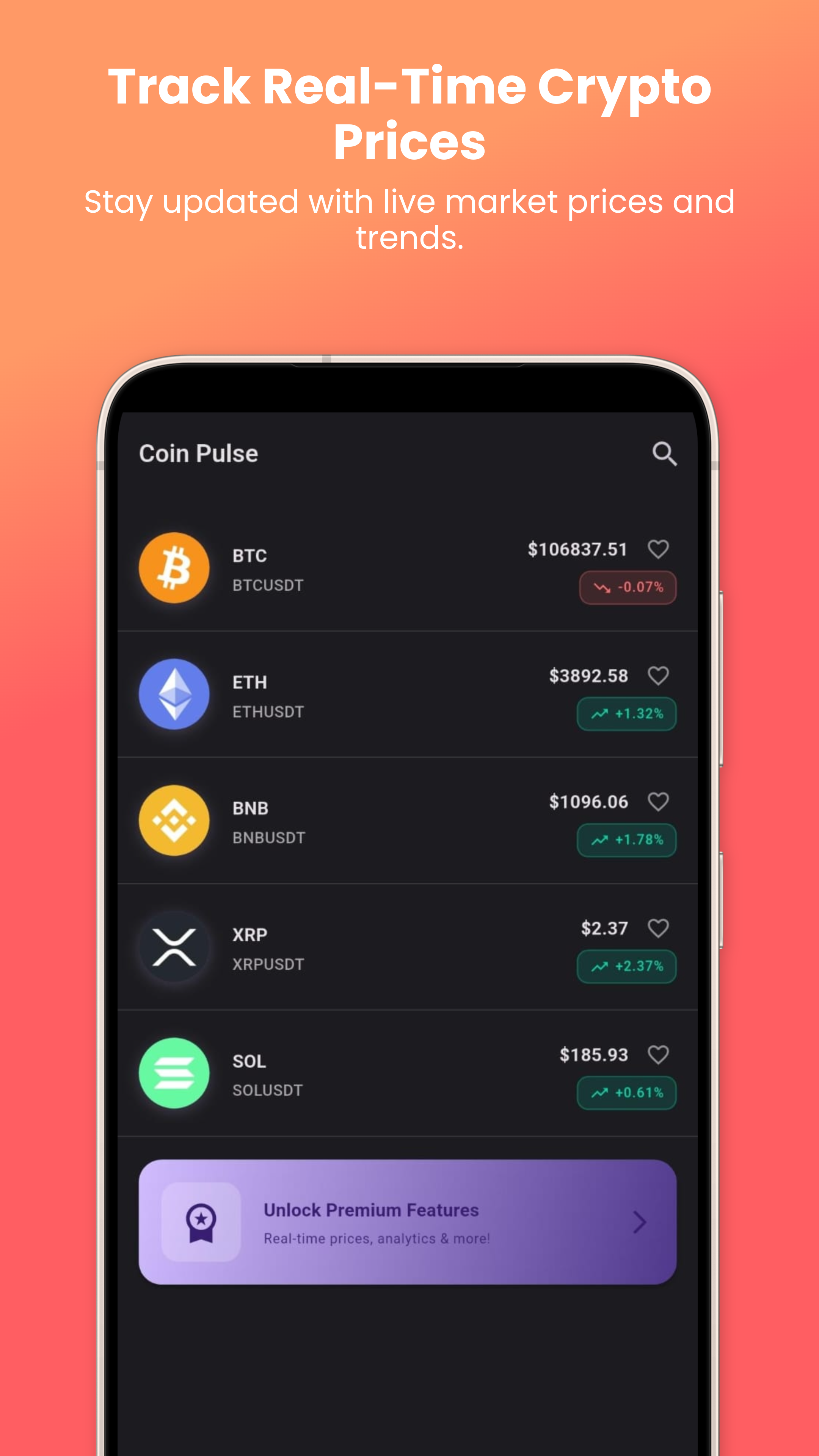 Main dashboard showing cryptocurrency prices